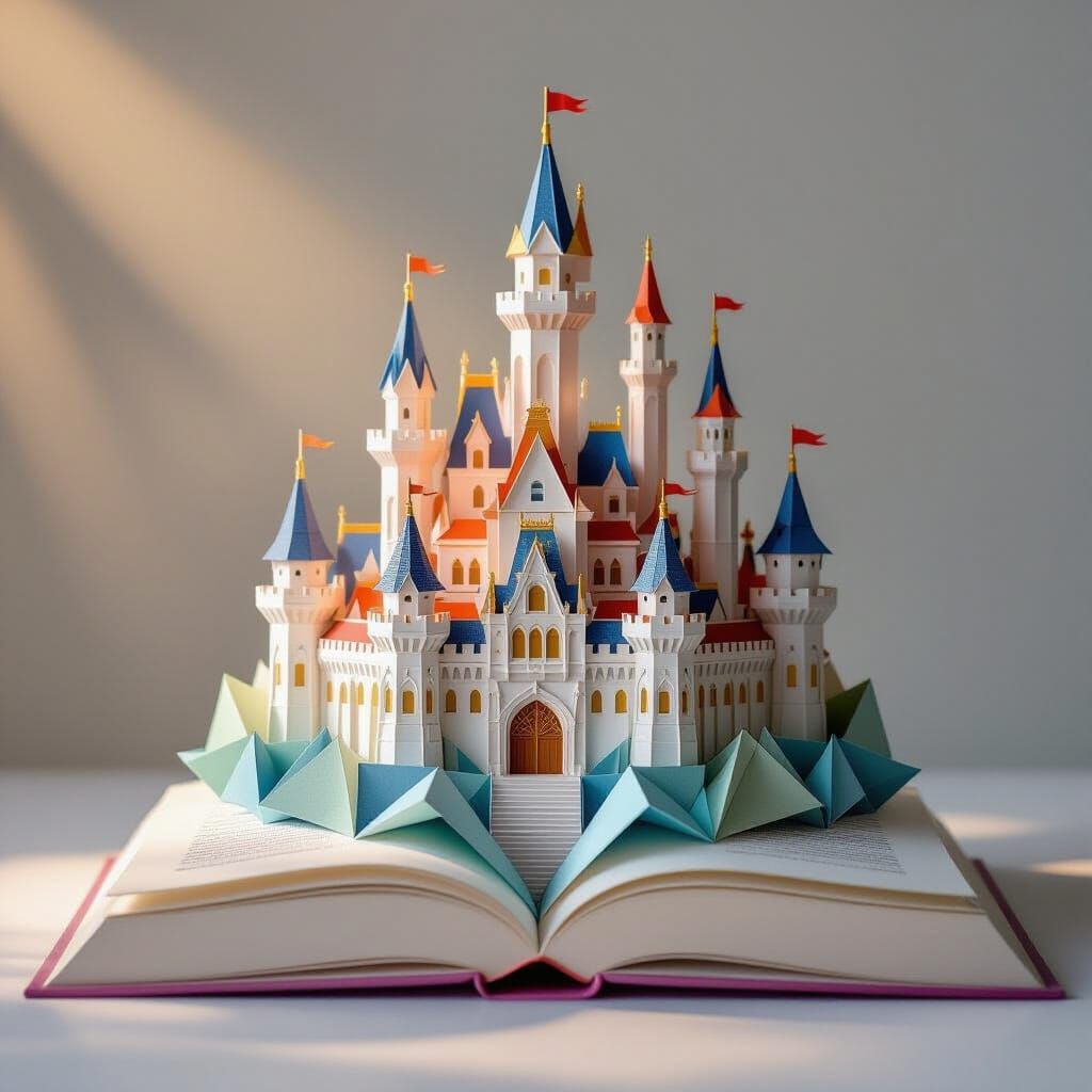 Origami Castle Unfolds from Open Book in Papercraft Style