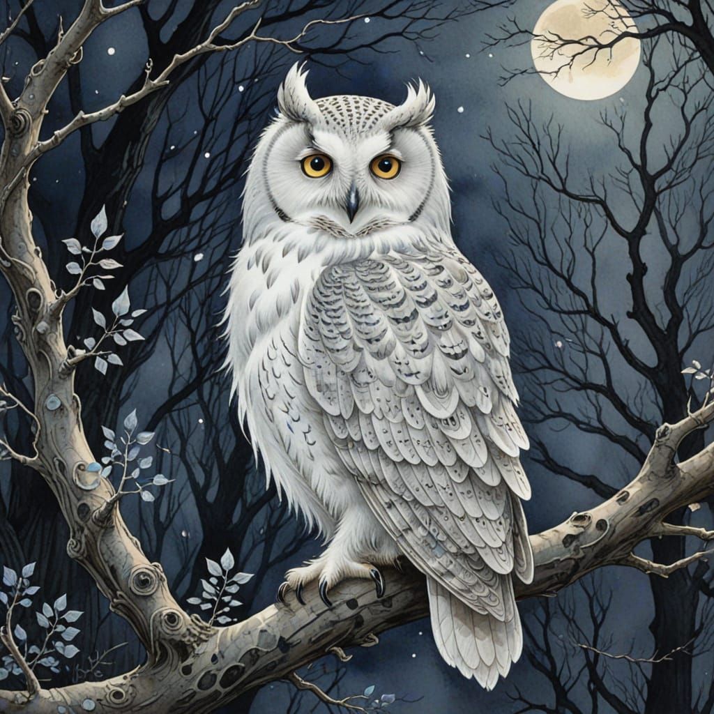 Whimsical Watercolor Owl in a Moonlit, Bioluminescent Forest