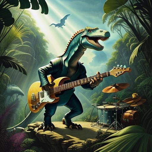 Dinosaur Rock Band Performance in Prehistoric Jungle
