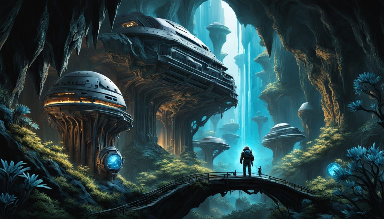 Biomechanical Astronaut in Ethereal Crystalline Cave