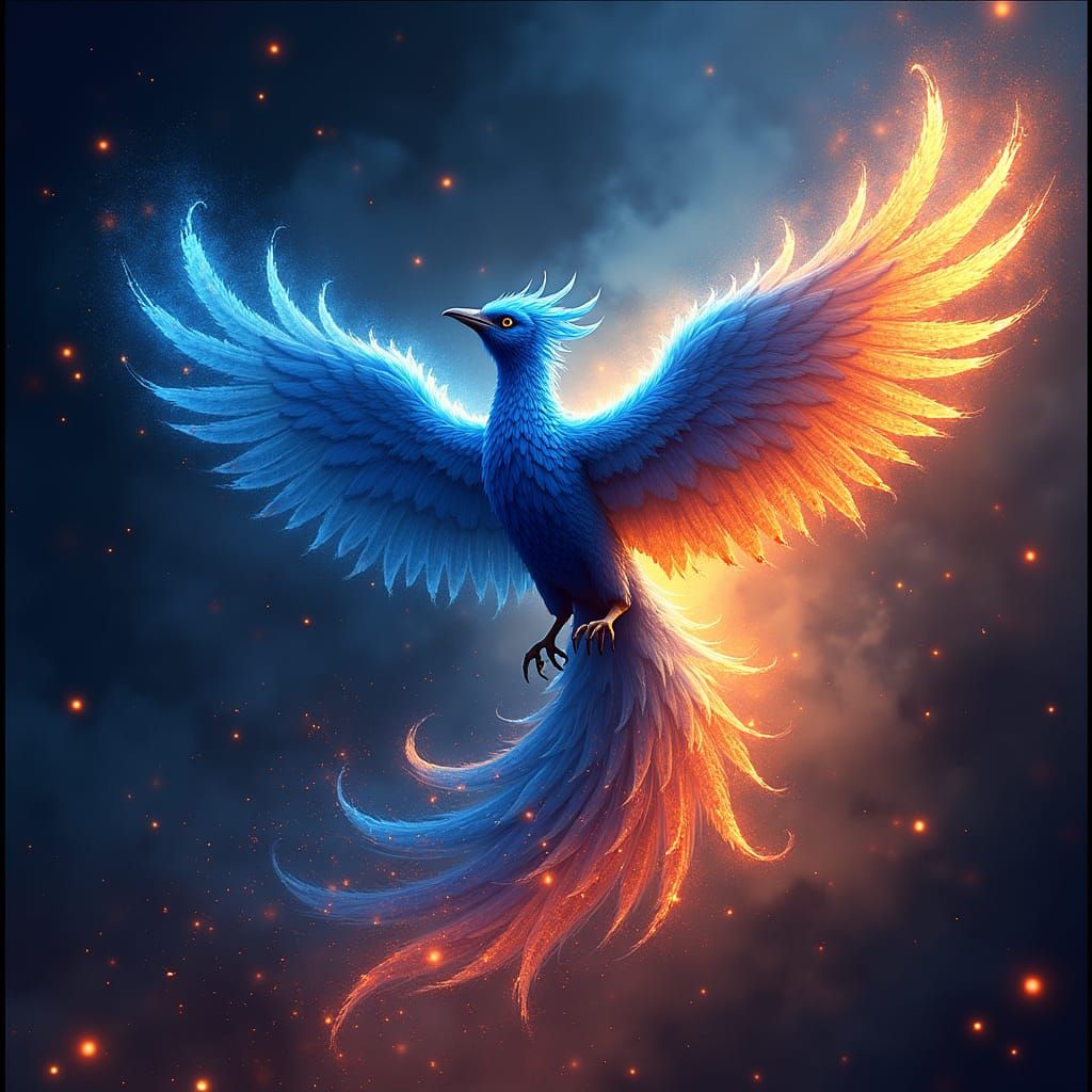 Blue Phoenix Soaring in Fiery Explosion