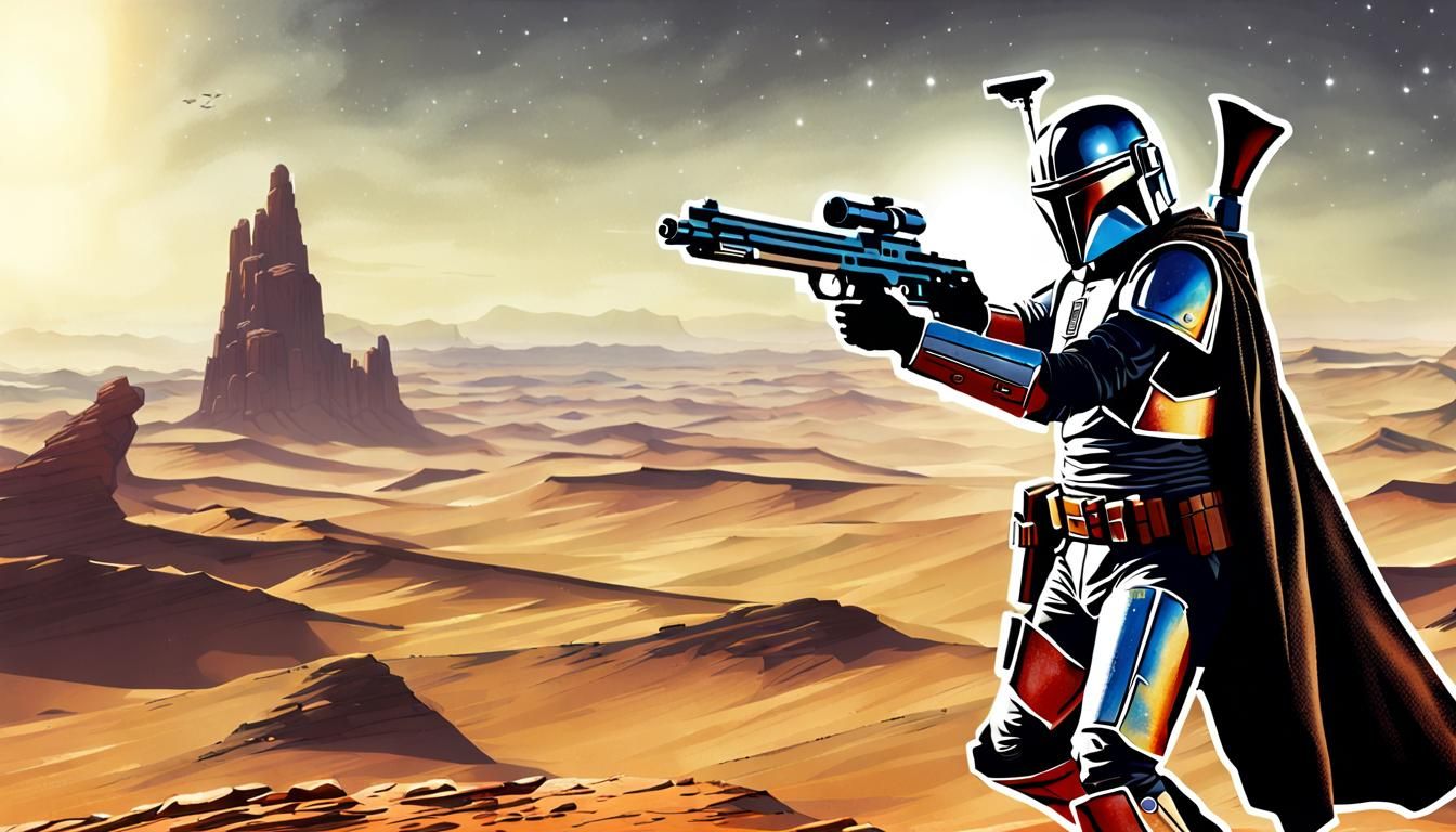 Mandalorian Bounty Hunter Shoots Blaster in Cosmic Star Wars