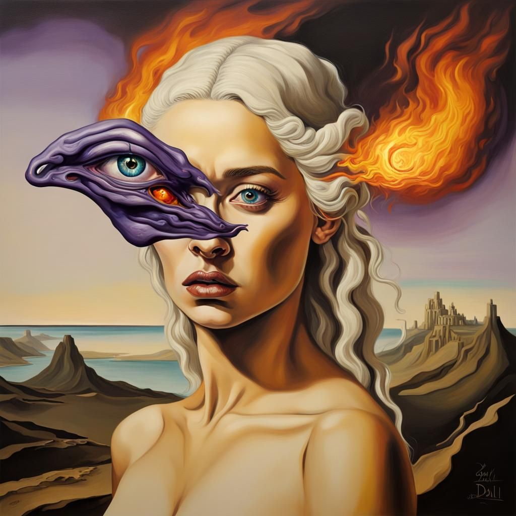 Daenerys Targaryen: Surreal Portrait in Flames, Oil Painting