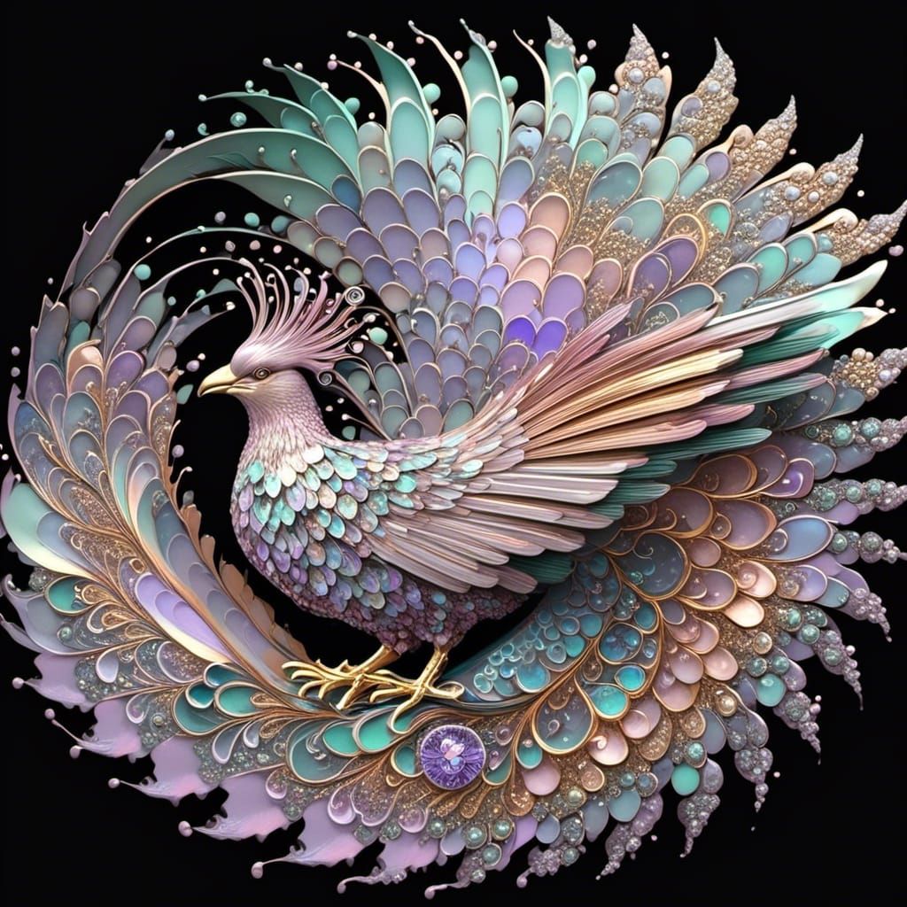 Iridescent Fractal Mosaic Phoenix in Gold and Lavender