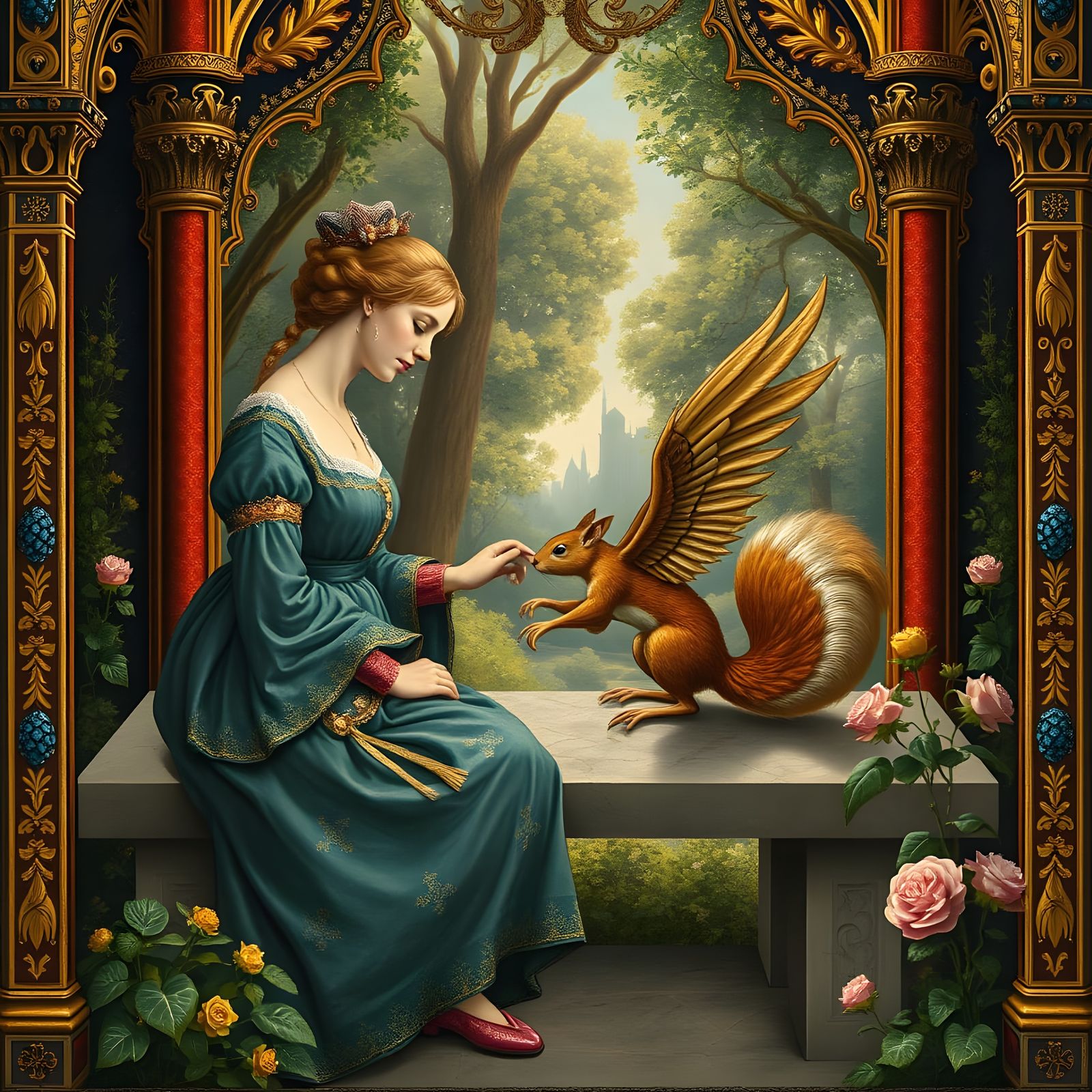 Lady and Phoenix Squirrel in Illuminated Manuscript Style