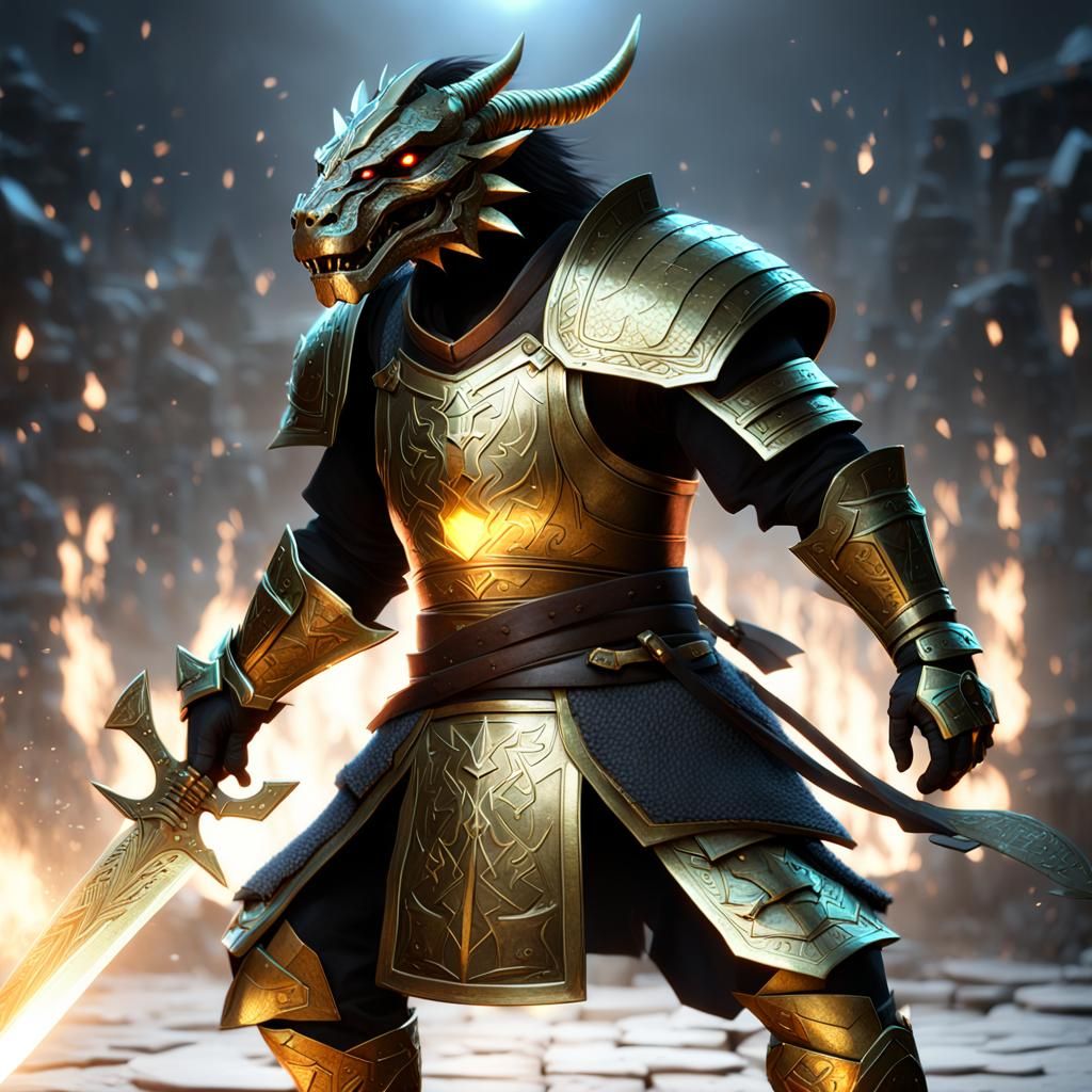 Dragonborn Warrior with Nordic Runes, 3D Anime Art