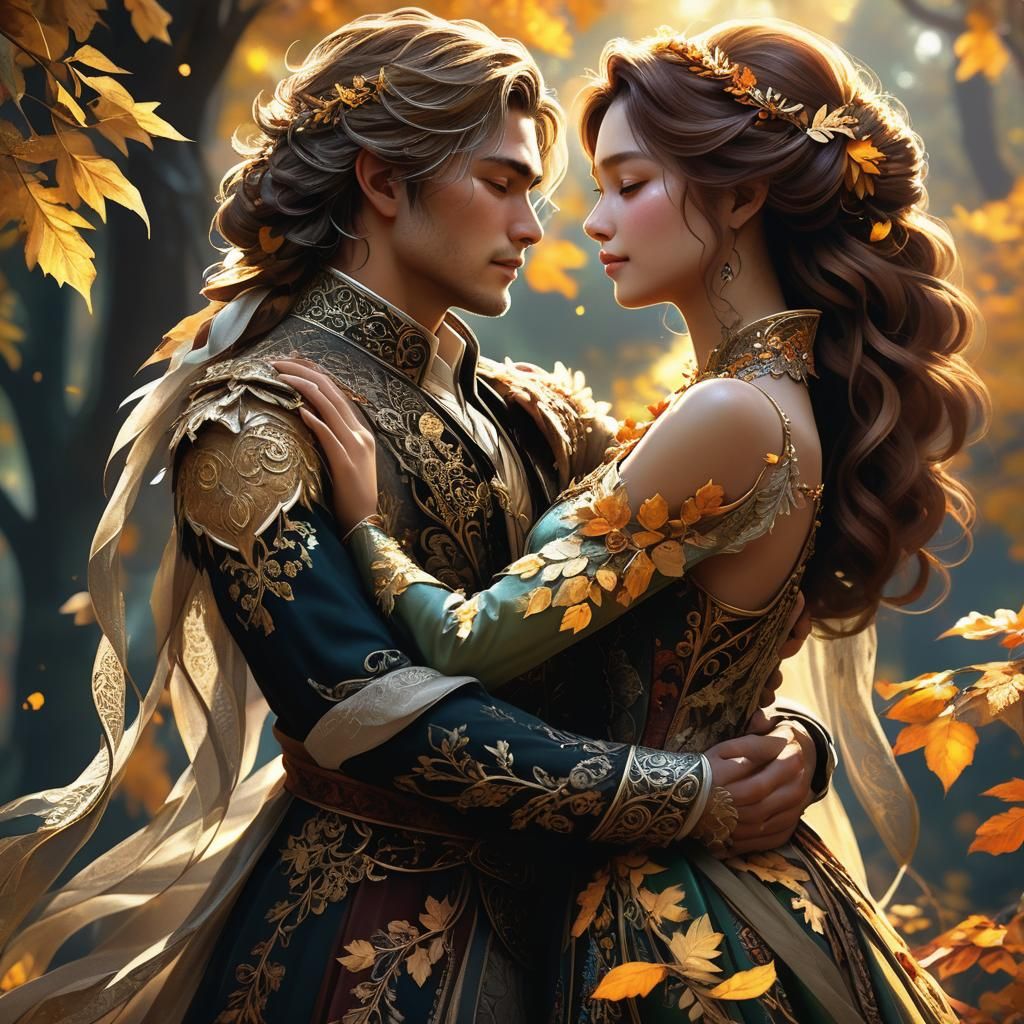 Lovers Embrace in Autumnal Fantasy Landscape