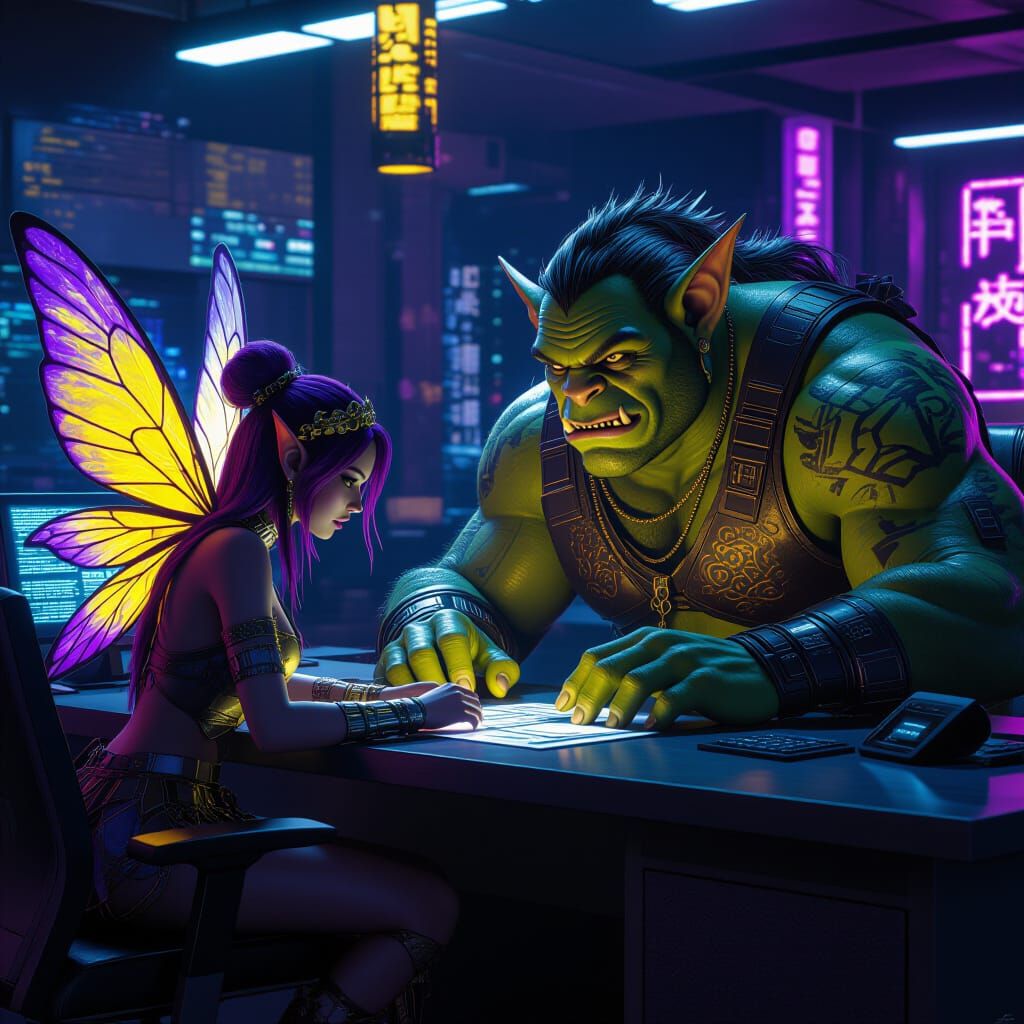 Fairy and Ogre Hack Cyberpunk Bank in Dark Fantasy Art