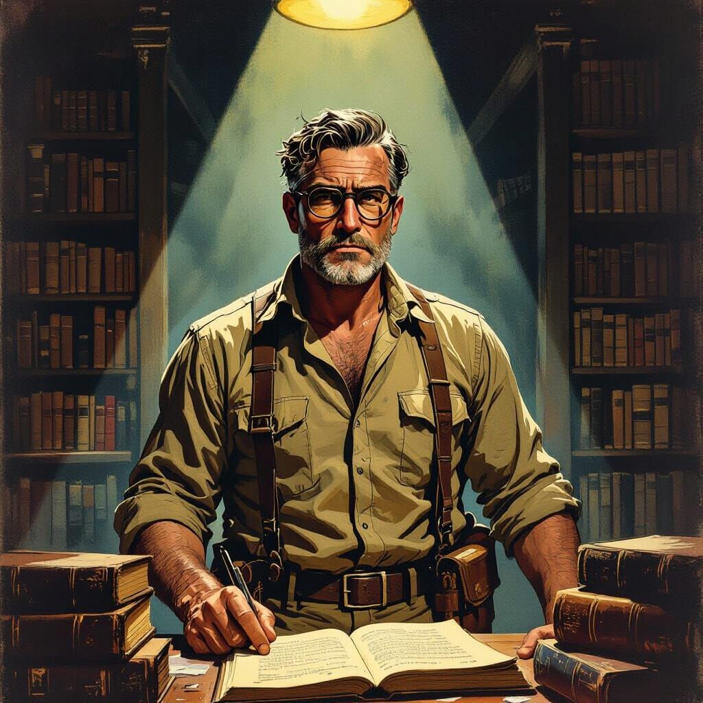 1930s Pulp Explorer in Dusty Library