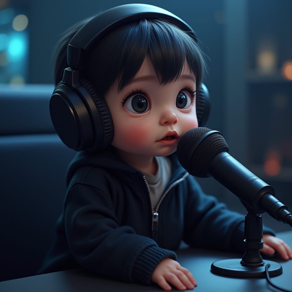 Baby Podcaster in Tech Studio: Hyperrealistic AI Art