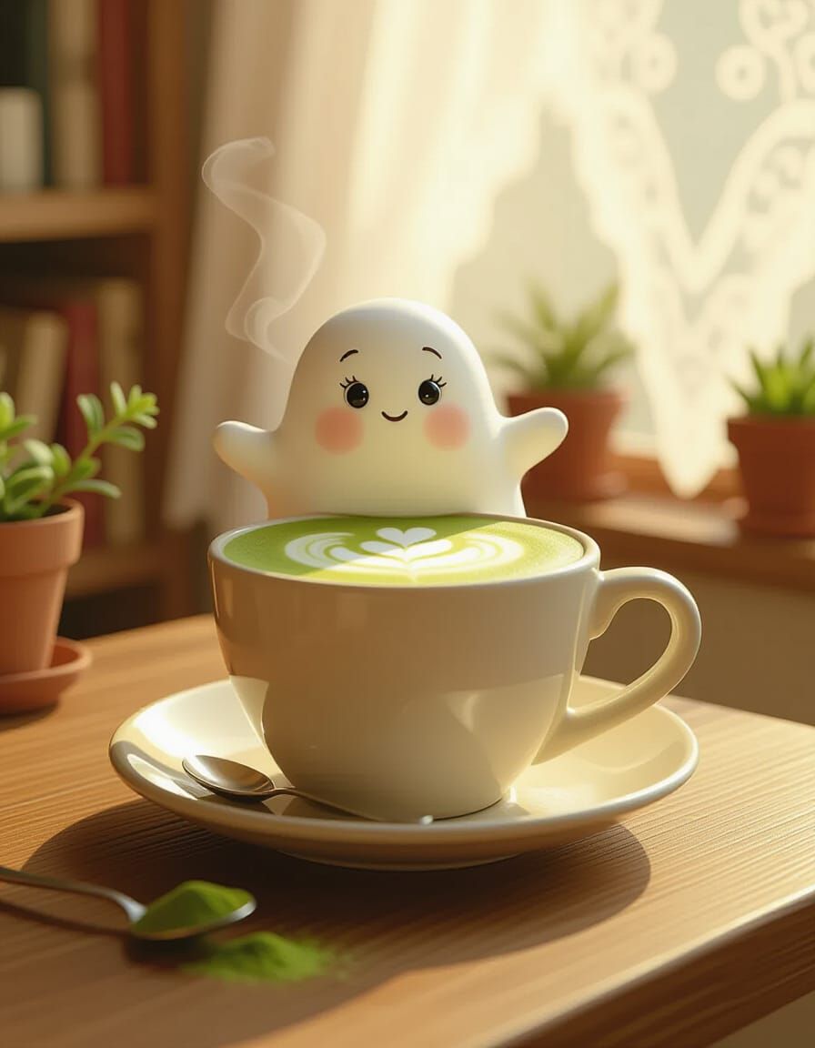 Cute 3D Ghost Enjoys Matcha Latte in Cozy Cafe