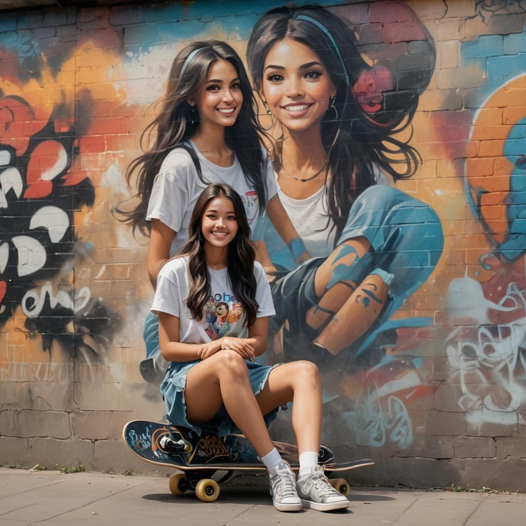 Girl with Skateboard Against Graffiti Wall