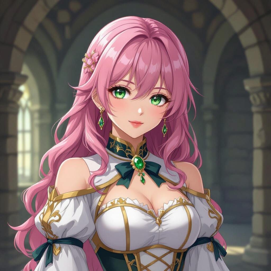 Anime Noblewoman with Rose Hair in Cel-Shaded Style