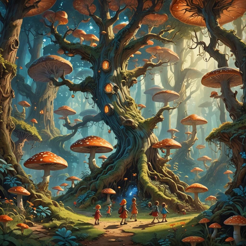 Magical Forest Landscape with Children, Matte Painting