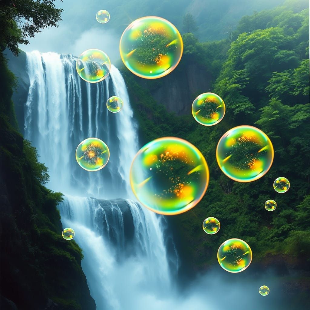 Celestial Bubbles in Tropical Waterfall Oasis