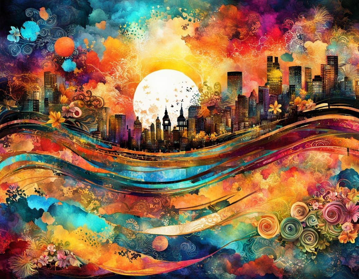 Vibrant Sunset in Bold Mixed Media Art