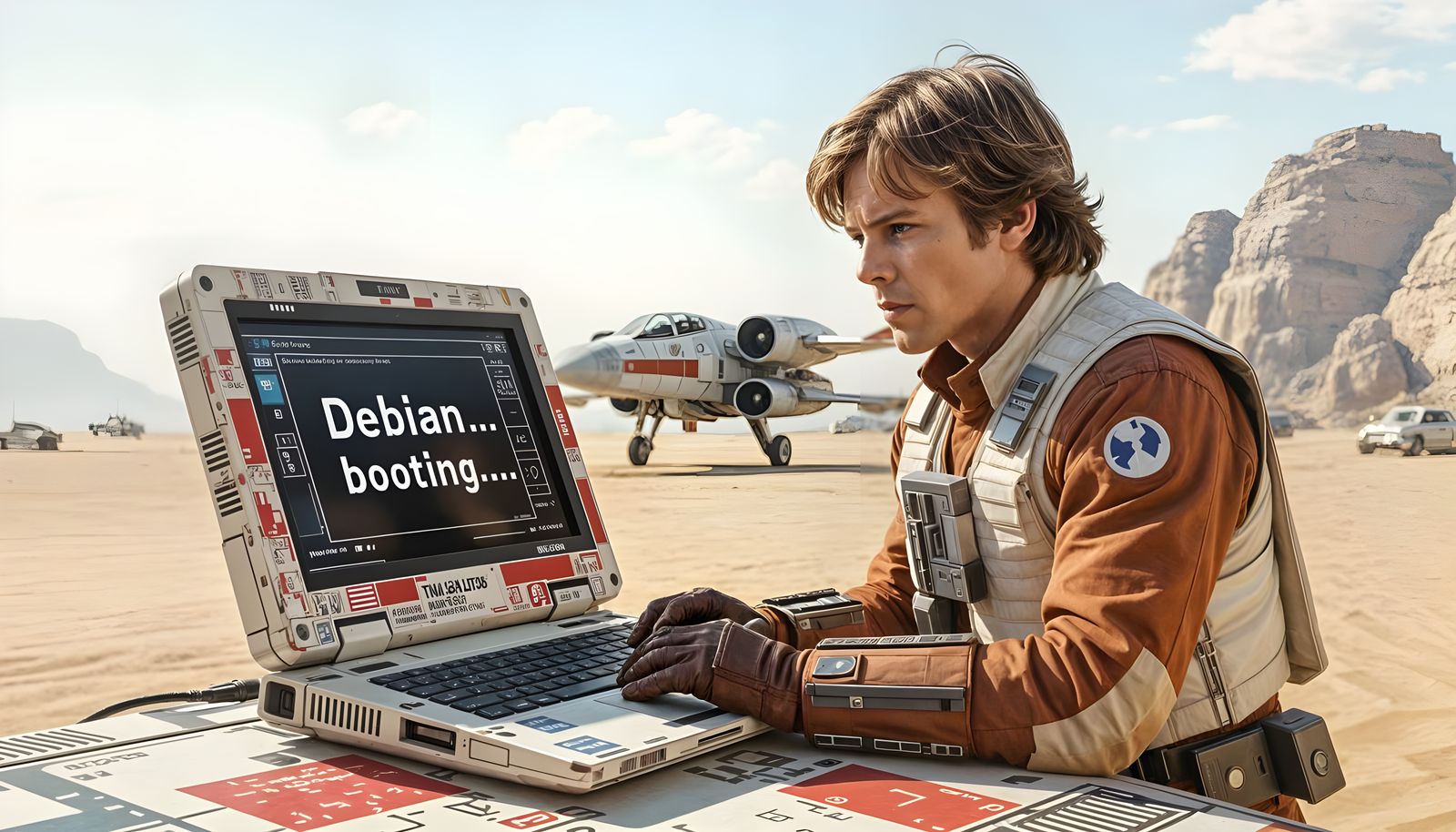 Luke Skywalker Using an X-Wing Themed Laptop