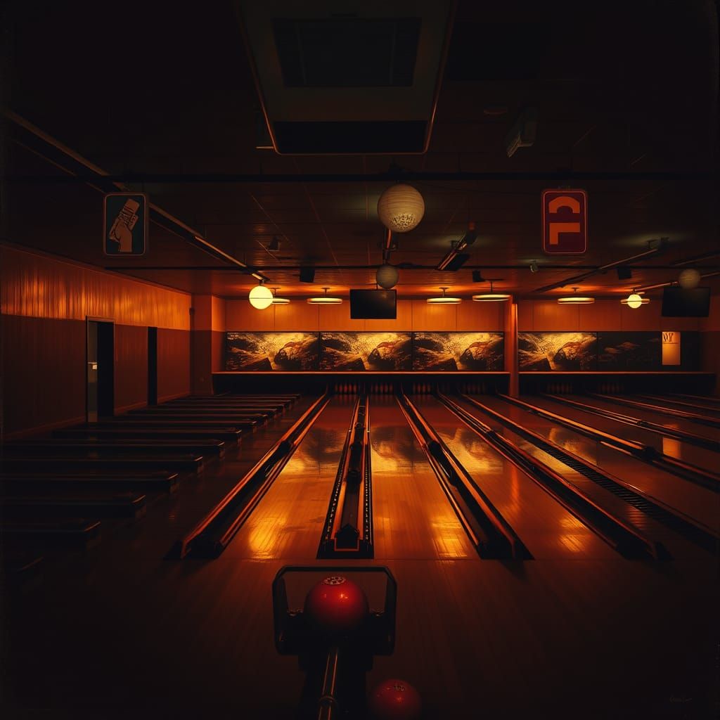 Retro Bowling Alley at Dusk in Hopper Style