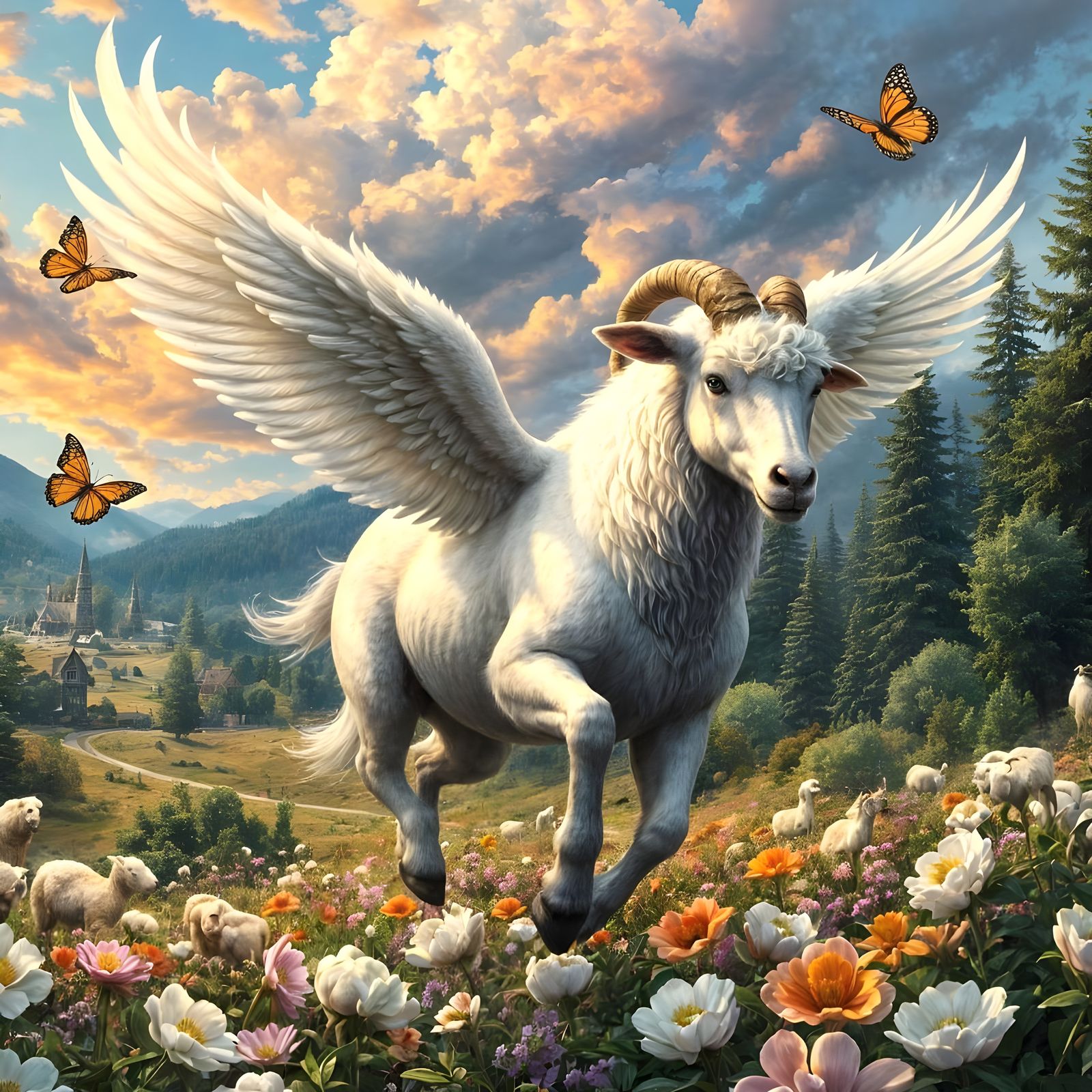 A ram pegasus bounding through the meadow.