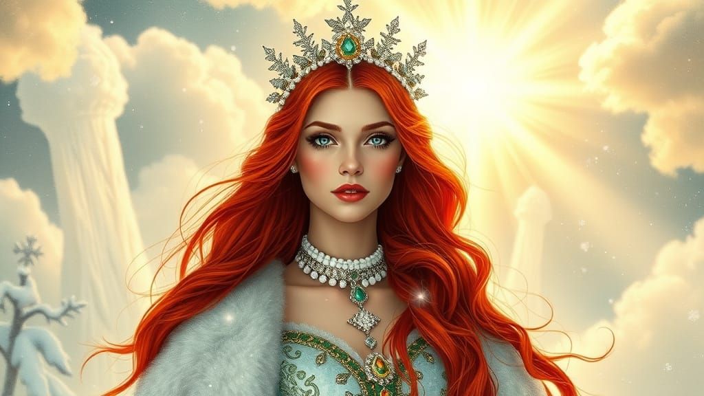 Snow Queen with Red Hair and Green Eyes in Opulent Style