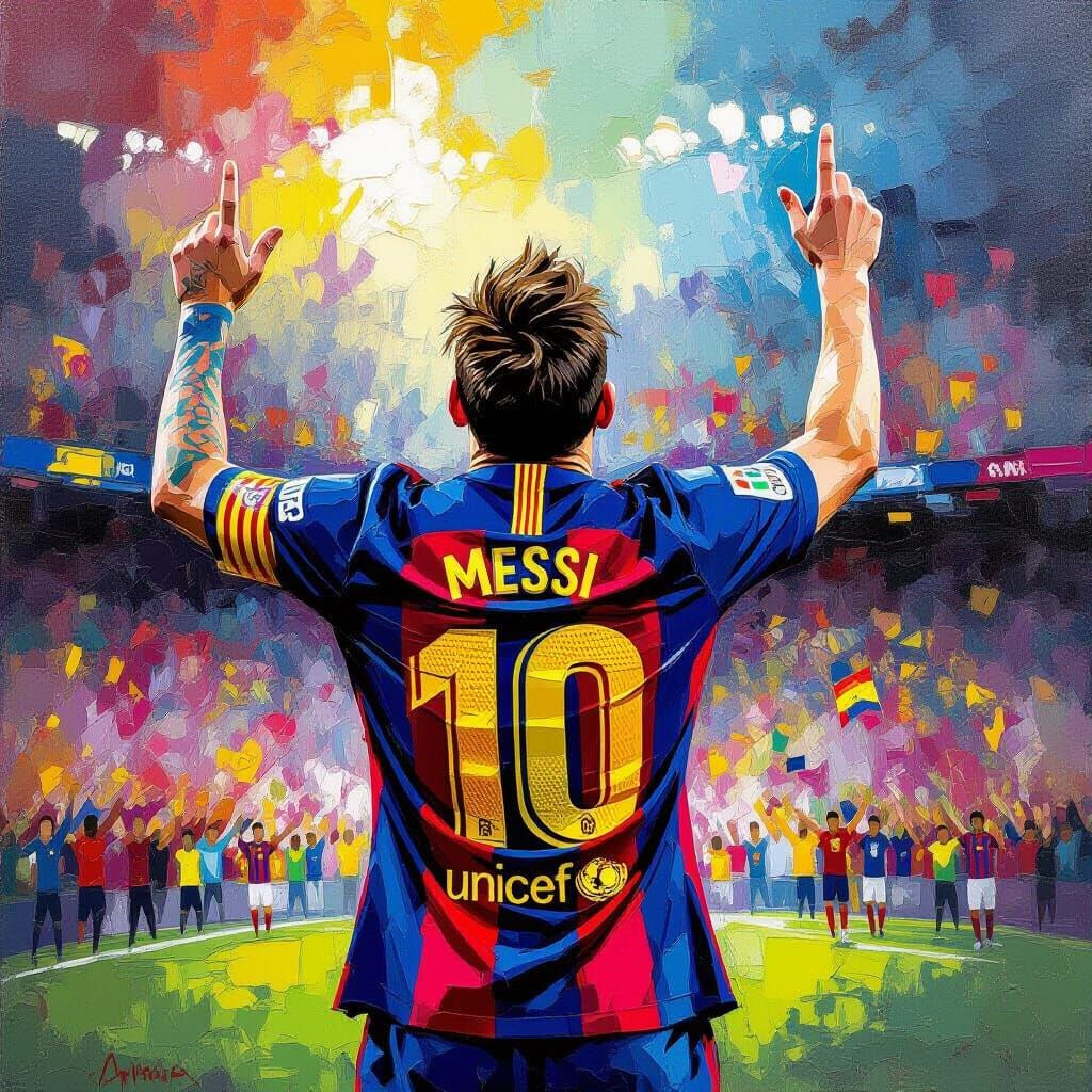 Messi Victory Celebration in Expressionist Oil Painting
