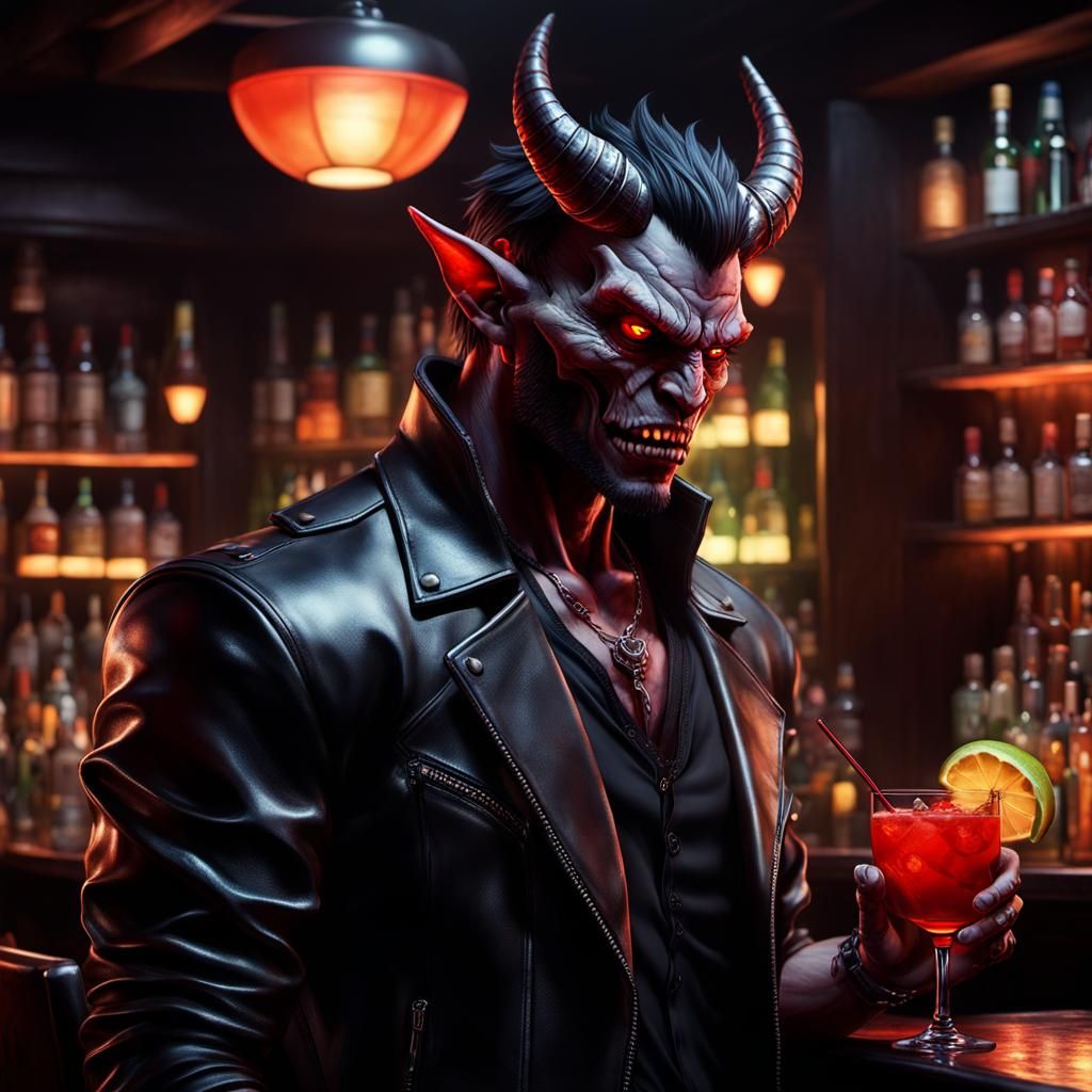 Handsome Demon in Bar with Cocktail, Digital Art