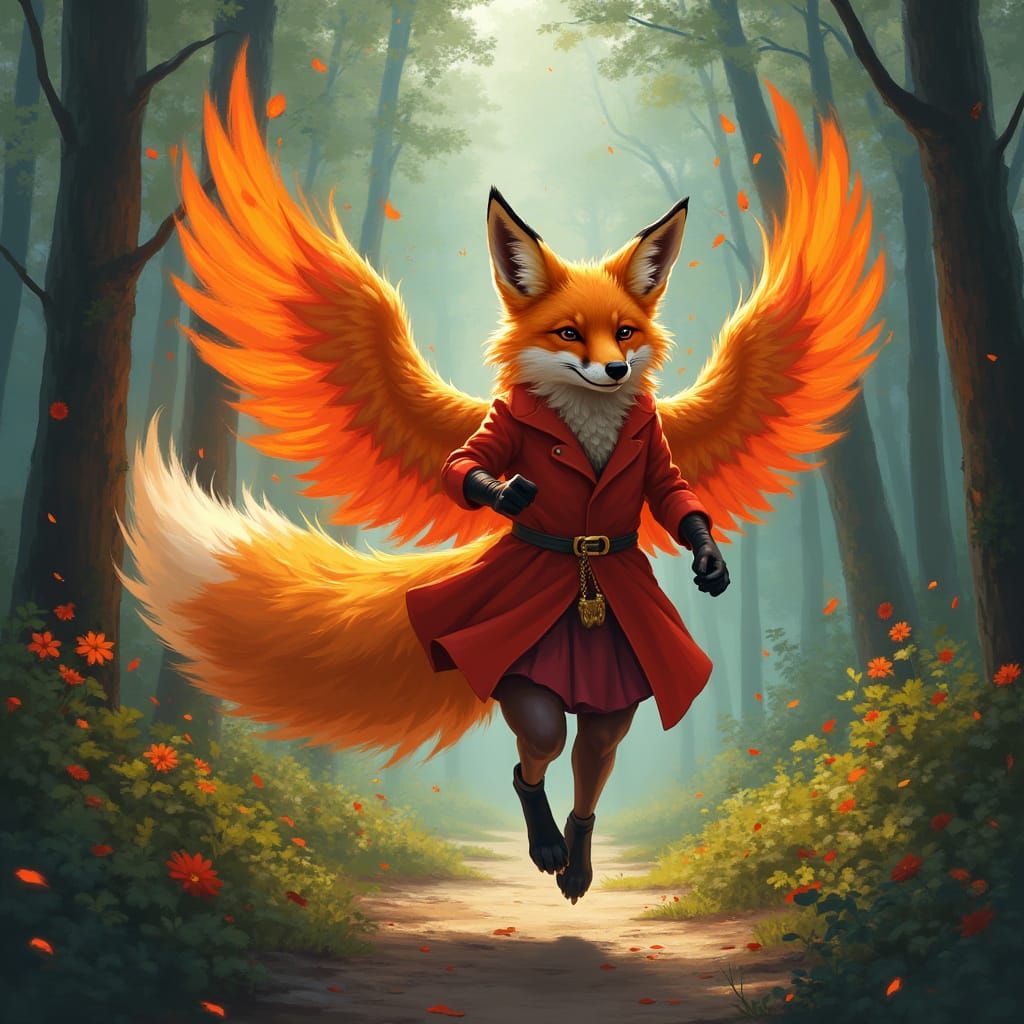 Fiery Phoenix Fox Soaring Through Forest