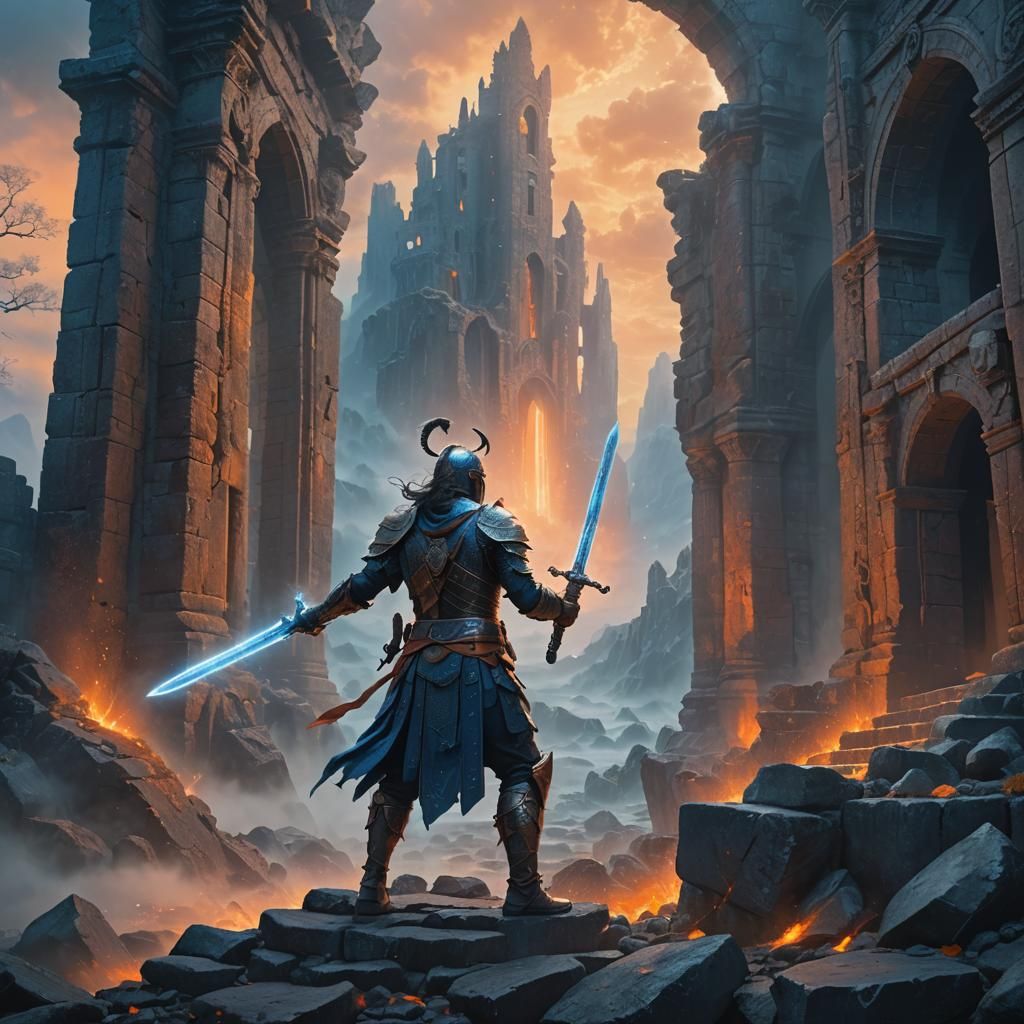 Magical Warrior on Ancient Ruin: Fantasy Concept Art