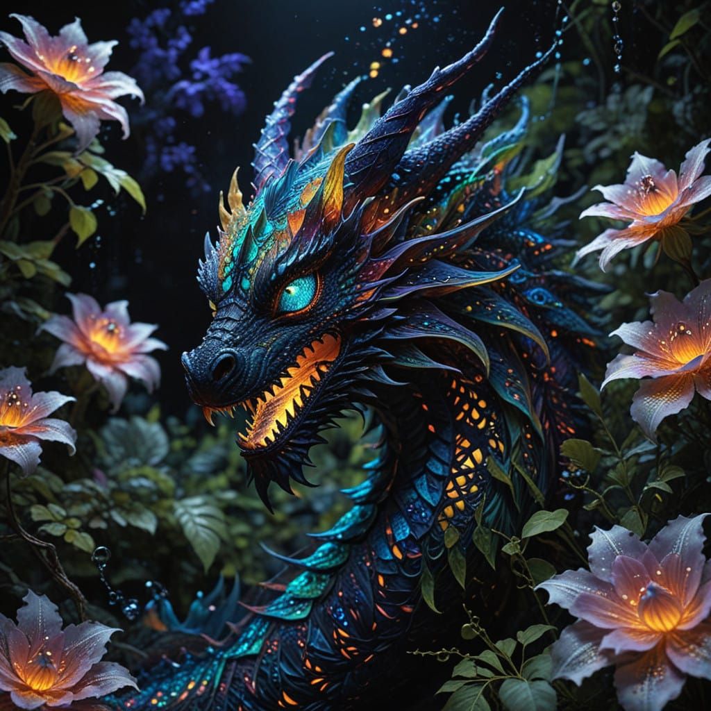 Vibrant Back-Lit Floral Dragon in Ethereal Aesthetic