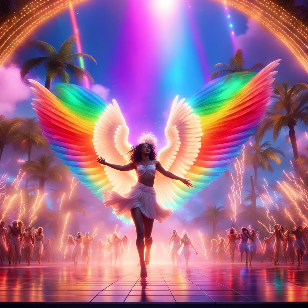 Angels' Paradise Party with Rainbow Lights, 4D Render