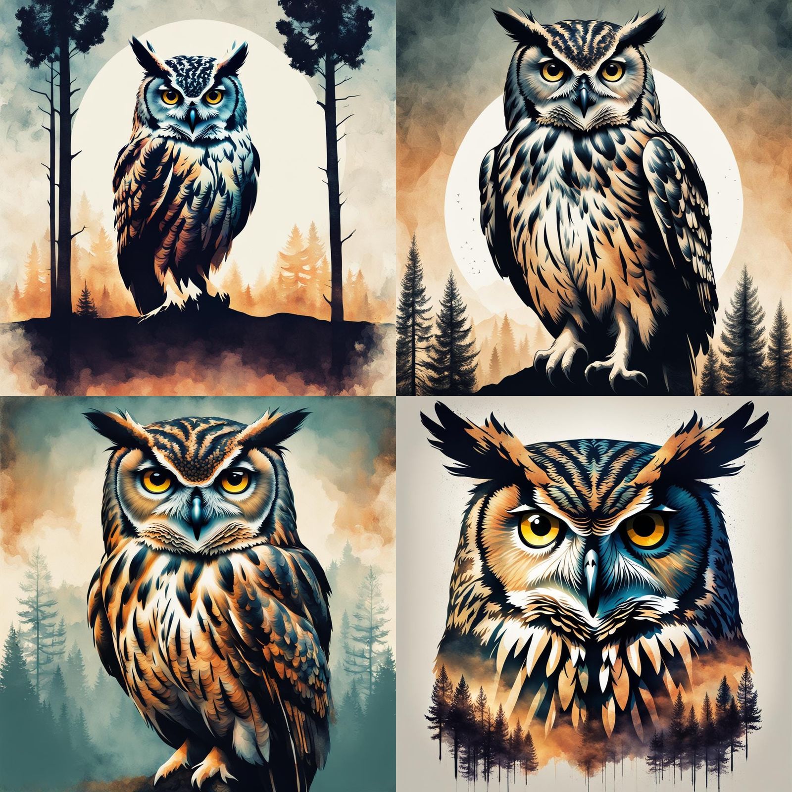 Owl Double Exposure Art in Expressionist Style
