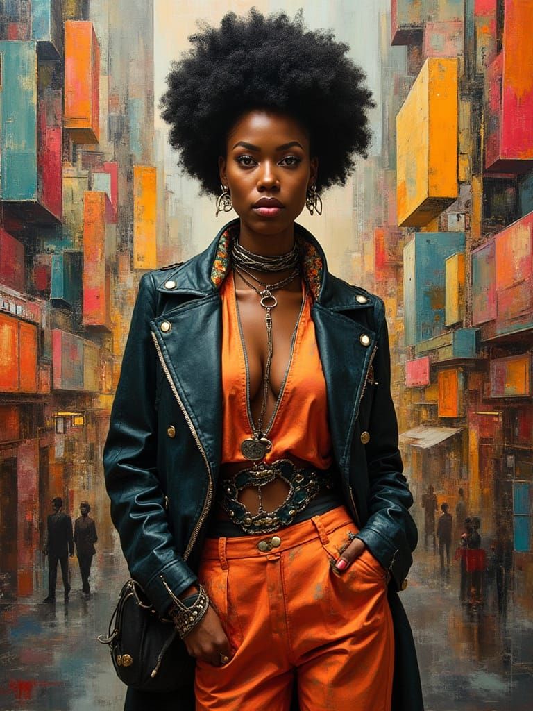 Afrofuturist Woman in Cubist Cityscape
