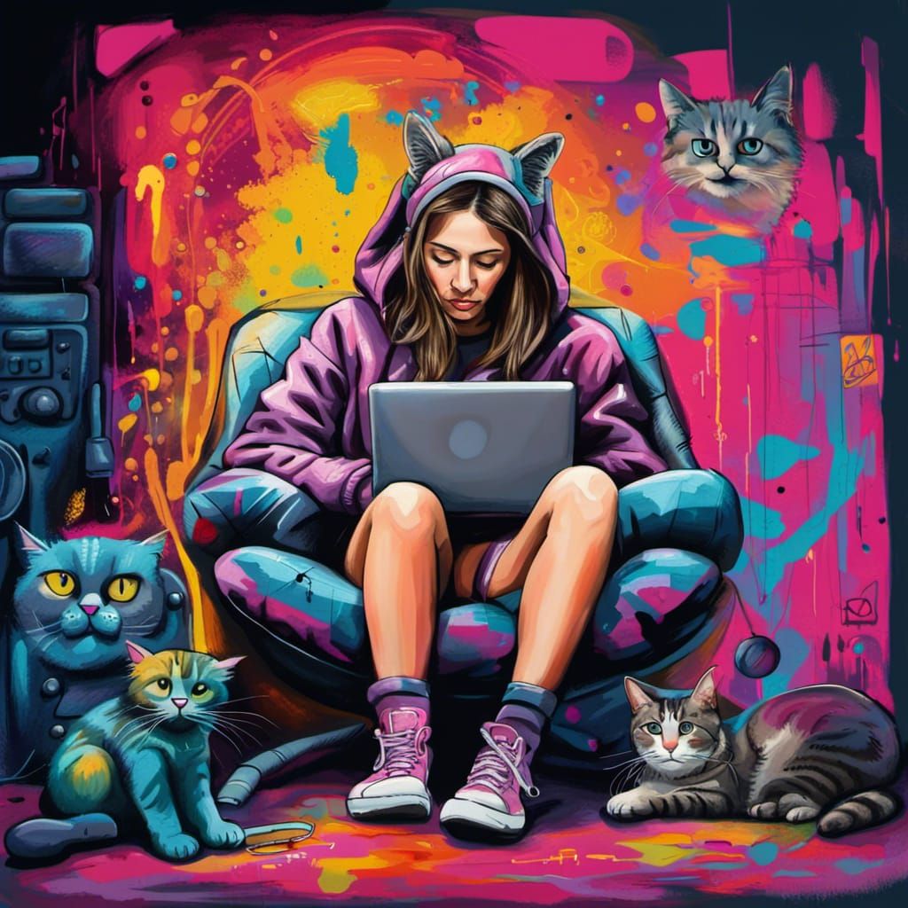 Programmer and Cat in Graffiti Art Style