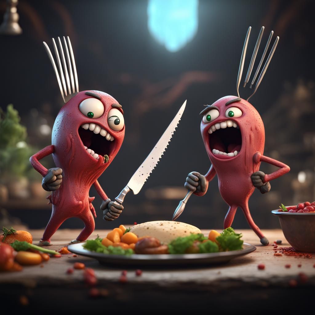 Fork vs Knife Character Battle: Detailed Matte Painting