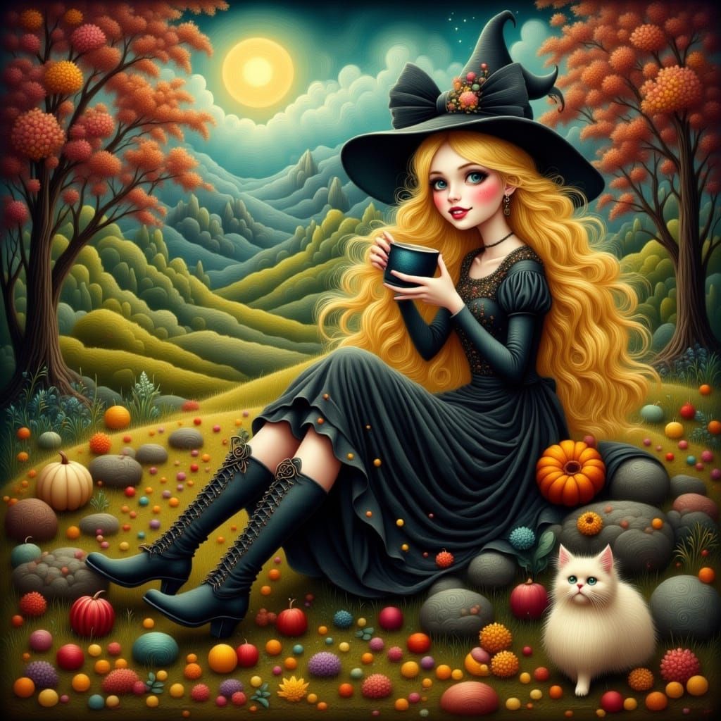 Whimsical Witch with Cat in Autumn Moonlight