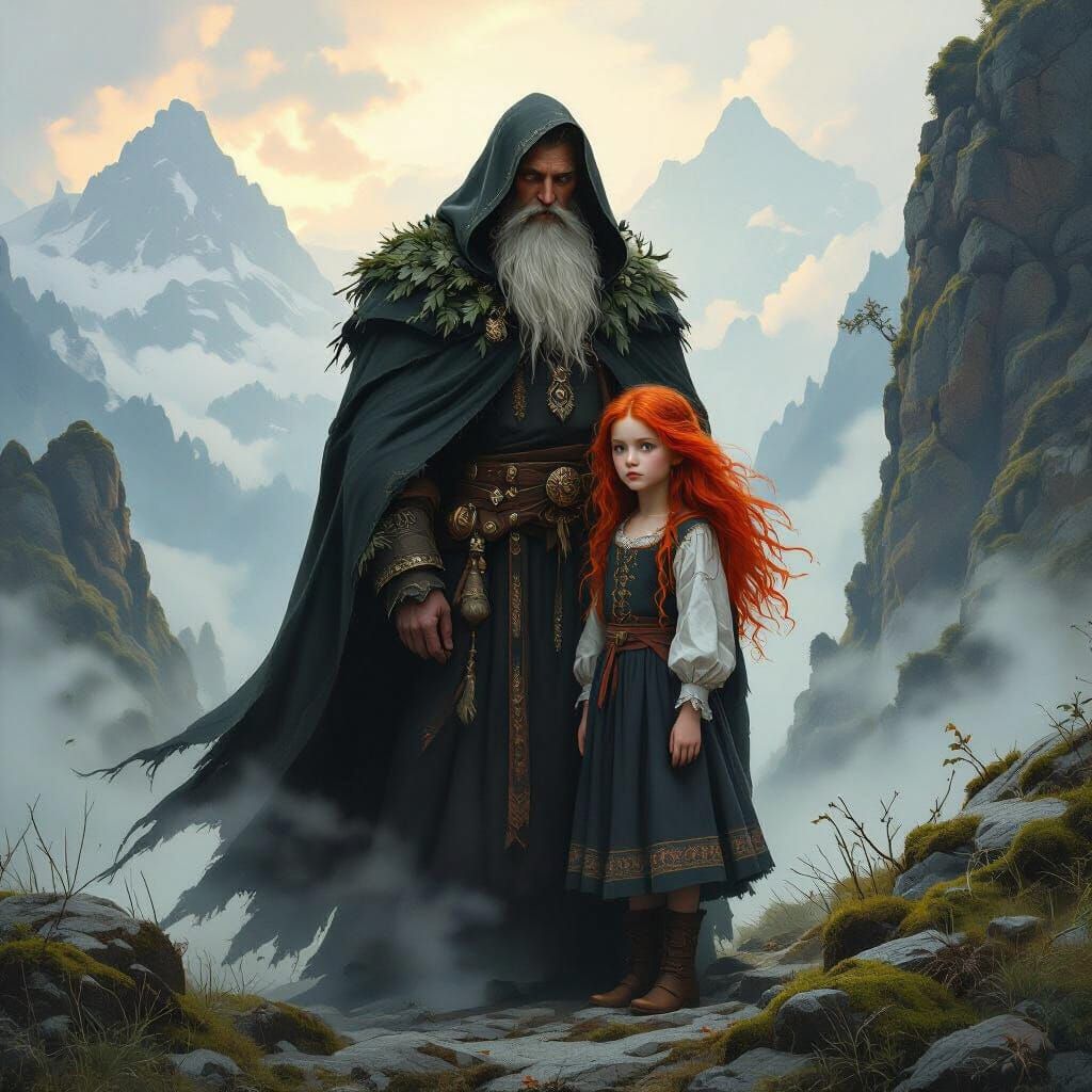 Estonian Girl and Mountain Spirit in Mystical Dawn Landscape