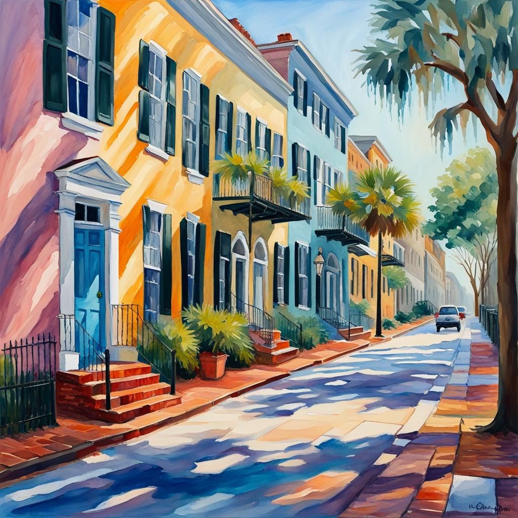 Charleston Street Scene in Vibrant Watercolor Style