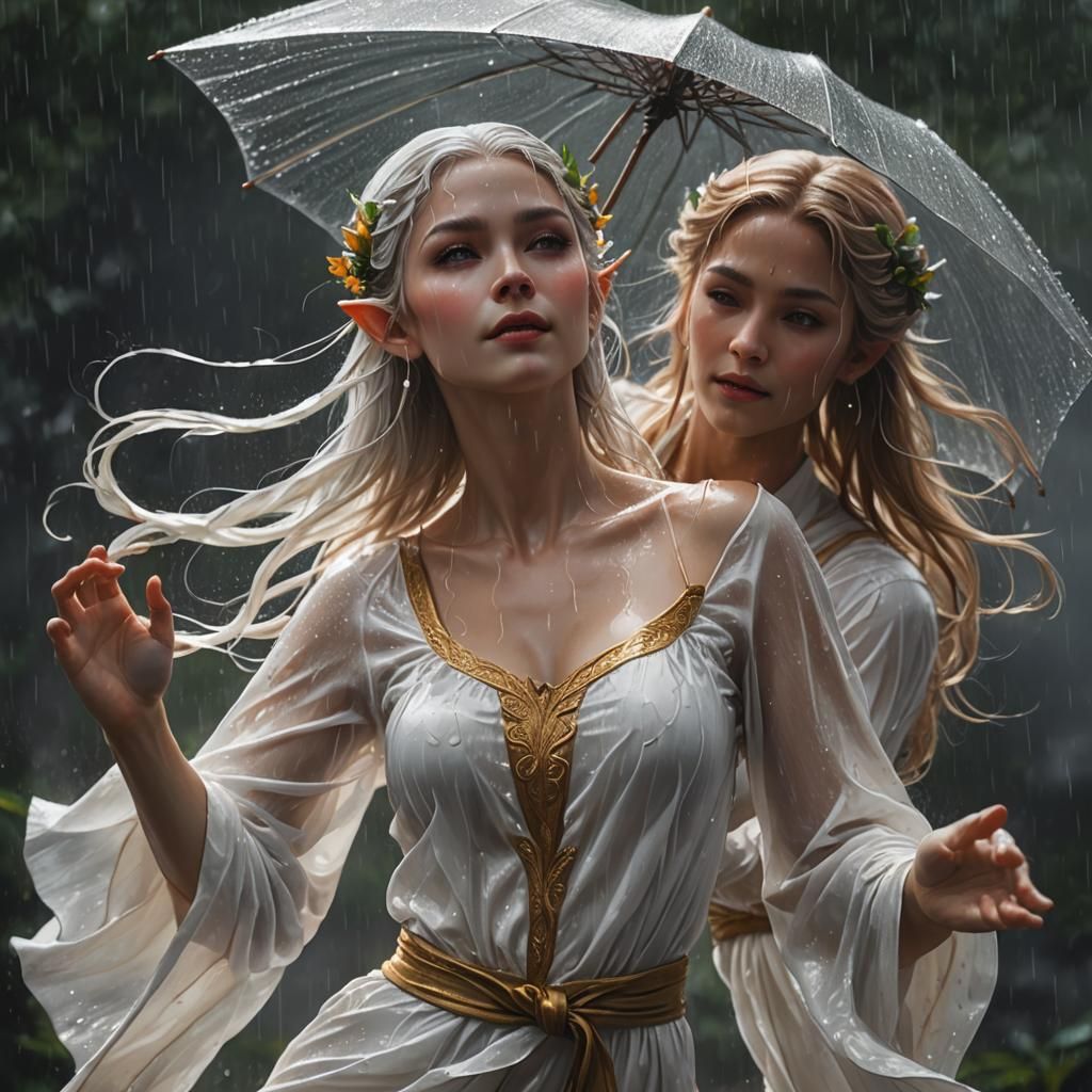 Elf Maiden Dancing in Rain, Hyperrealistic Splash Art