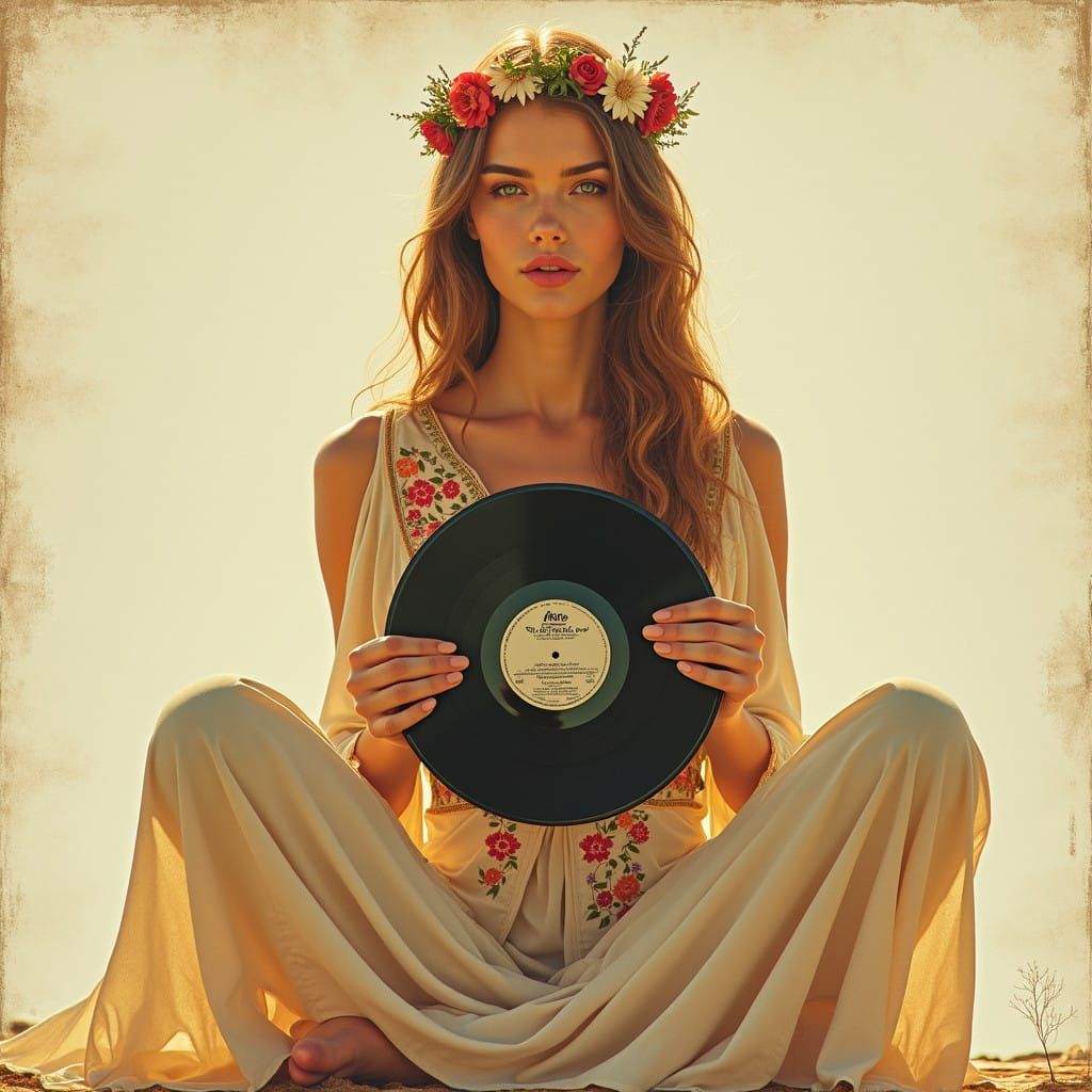 Vintage Hippie Woman on Vinyl Record Cover in Warm Light