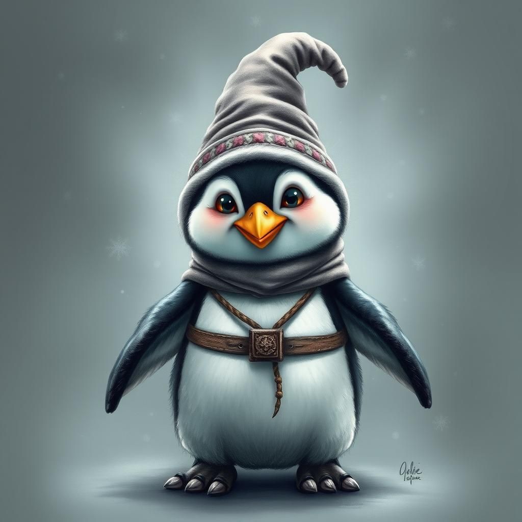 Chibi Penguin Wizard Caricature in Ethereal Fantasy Style