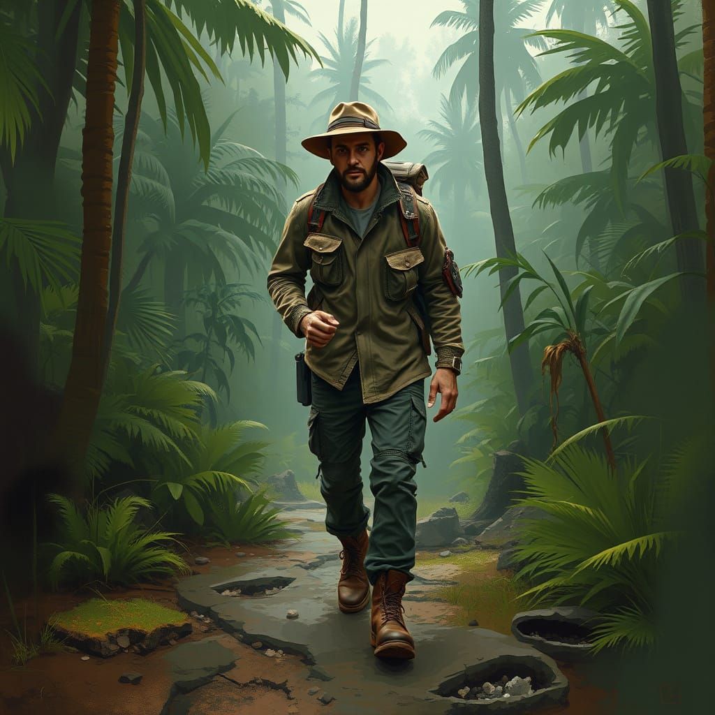 Explorer Treks Jungle Path in Digital Painting Style