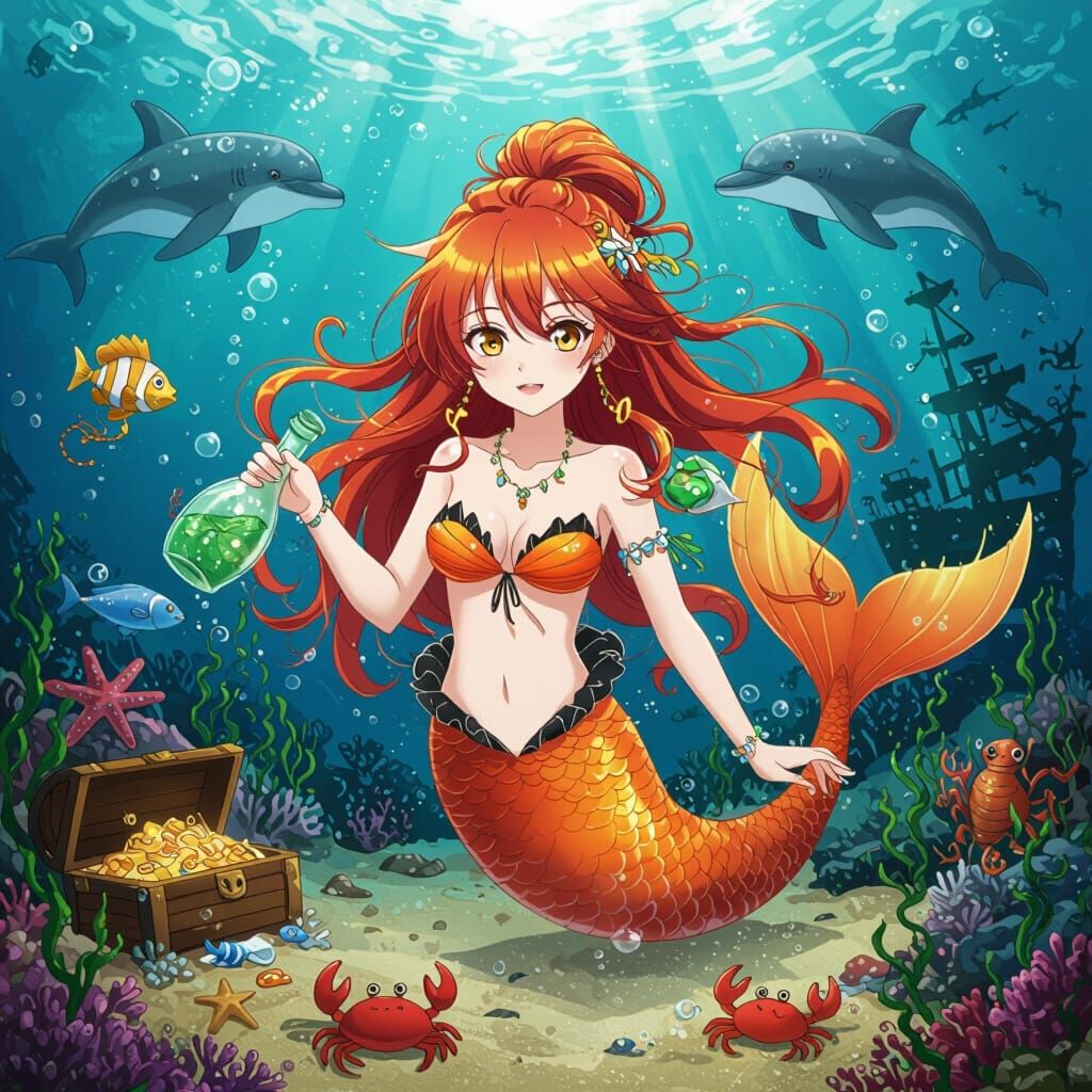 Anime Mermaid with Auburn Hair and Orange Tail