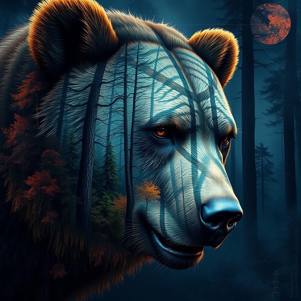 Grizzly Bear Forest Morph, Surreal Digital Art
