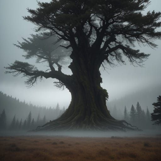 Epic Tree in a Golden Misty Landscape, Cinematic Film Still