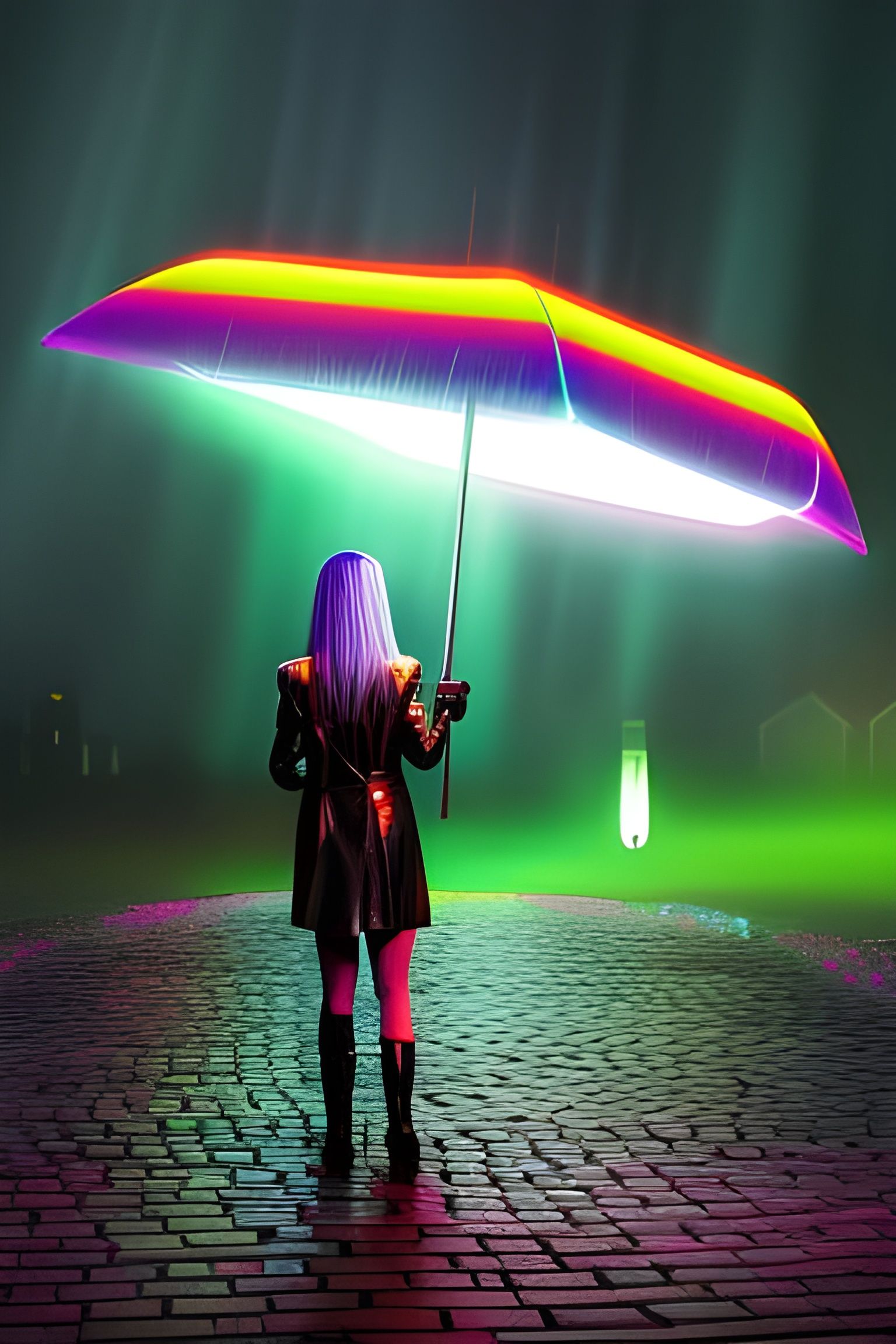 Cyborg Sorceress in Cyberpunk City with Neon Umbrella