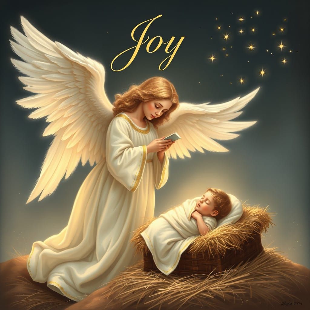 Majestic Angel Sings to Baby Jesus in Serene Winter Scene