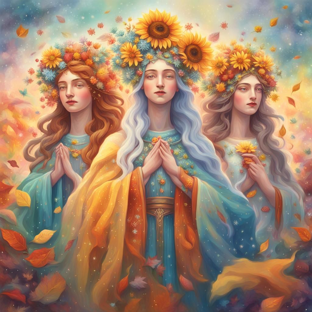 Four Goddesses Representing Seasons in Oil Painting