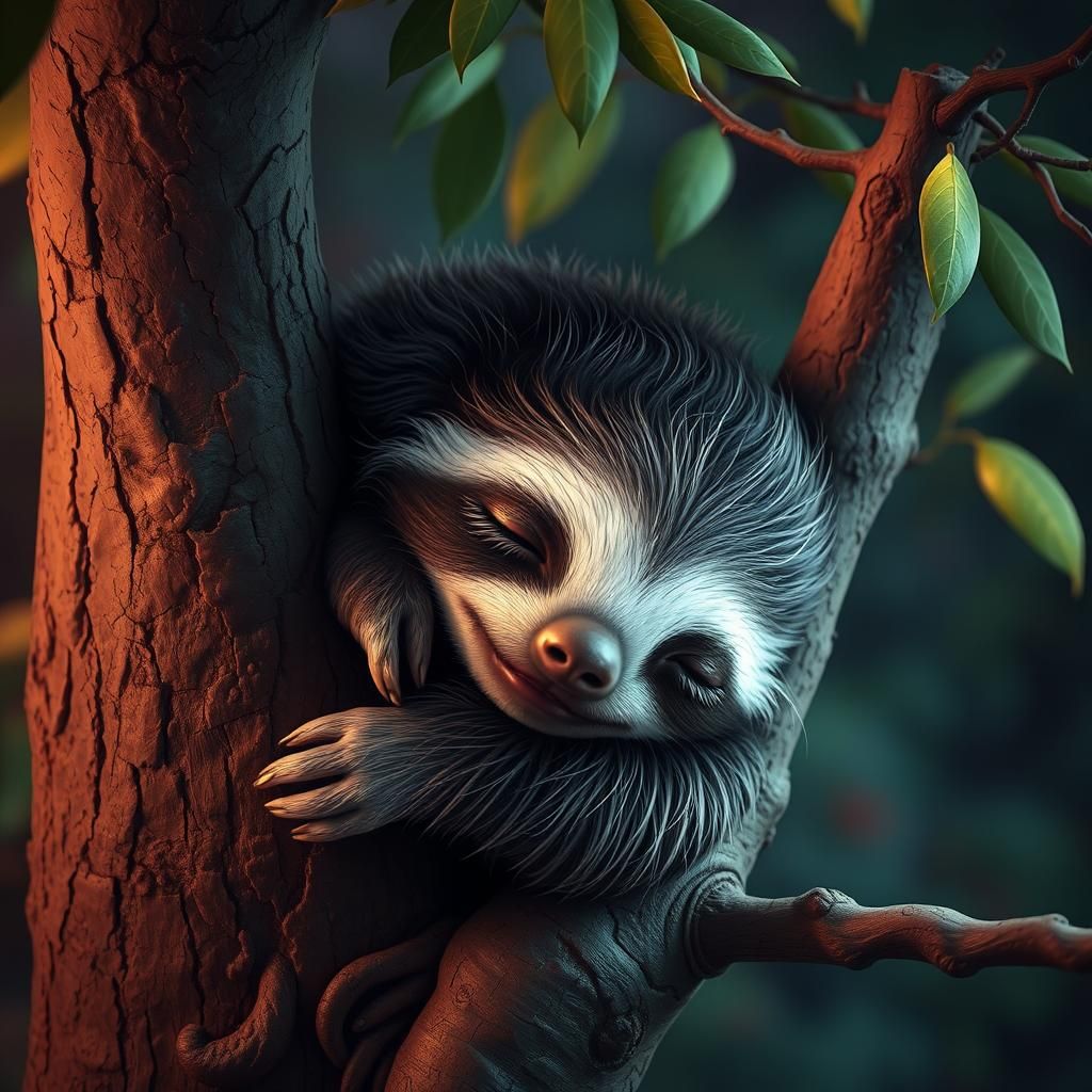 Adorable Baby Sloth Sleeping: Hyperrealistic Digital Art