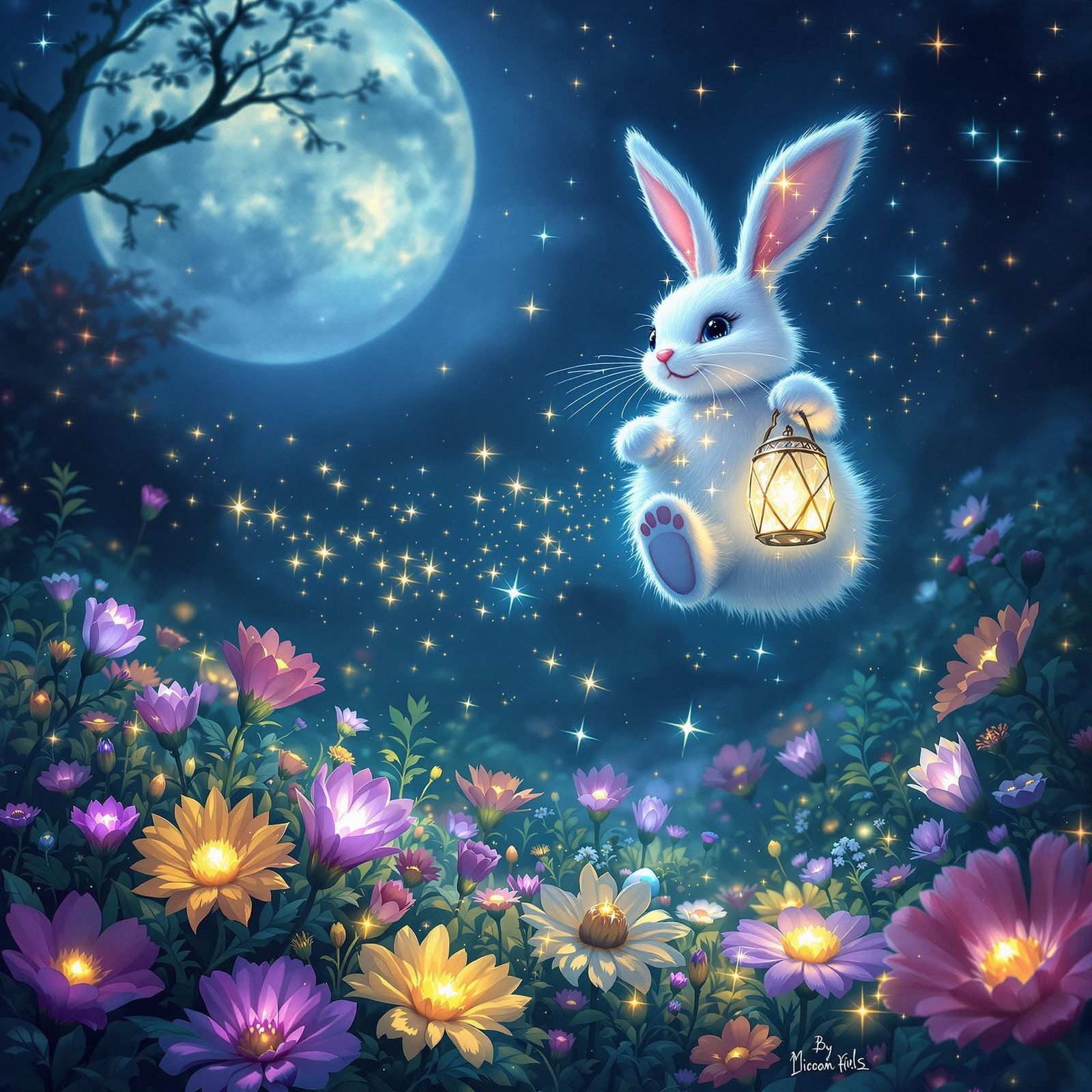 Whimsical Easter Bunny in a Moonlit Garden of Glowing Flower...