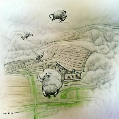 Whimsical Pencil Sketch of Flying Pig Over Farm